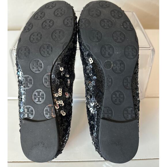 Tory Burch Black Leather Sparkle Sequin Logo Ballet Flats Size 6.5 - Picture 6 of 9